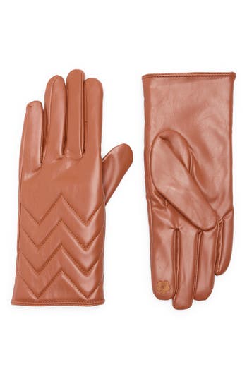 Vince Camuto Chevron Stitched Faux Leather Touchscreen Gloves In Brown