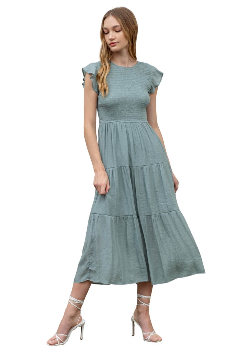 Blu Pepper Flutter Sleeve Smocked Tiered Midi Dress, Alternate, color, Sage