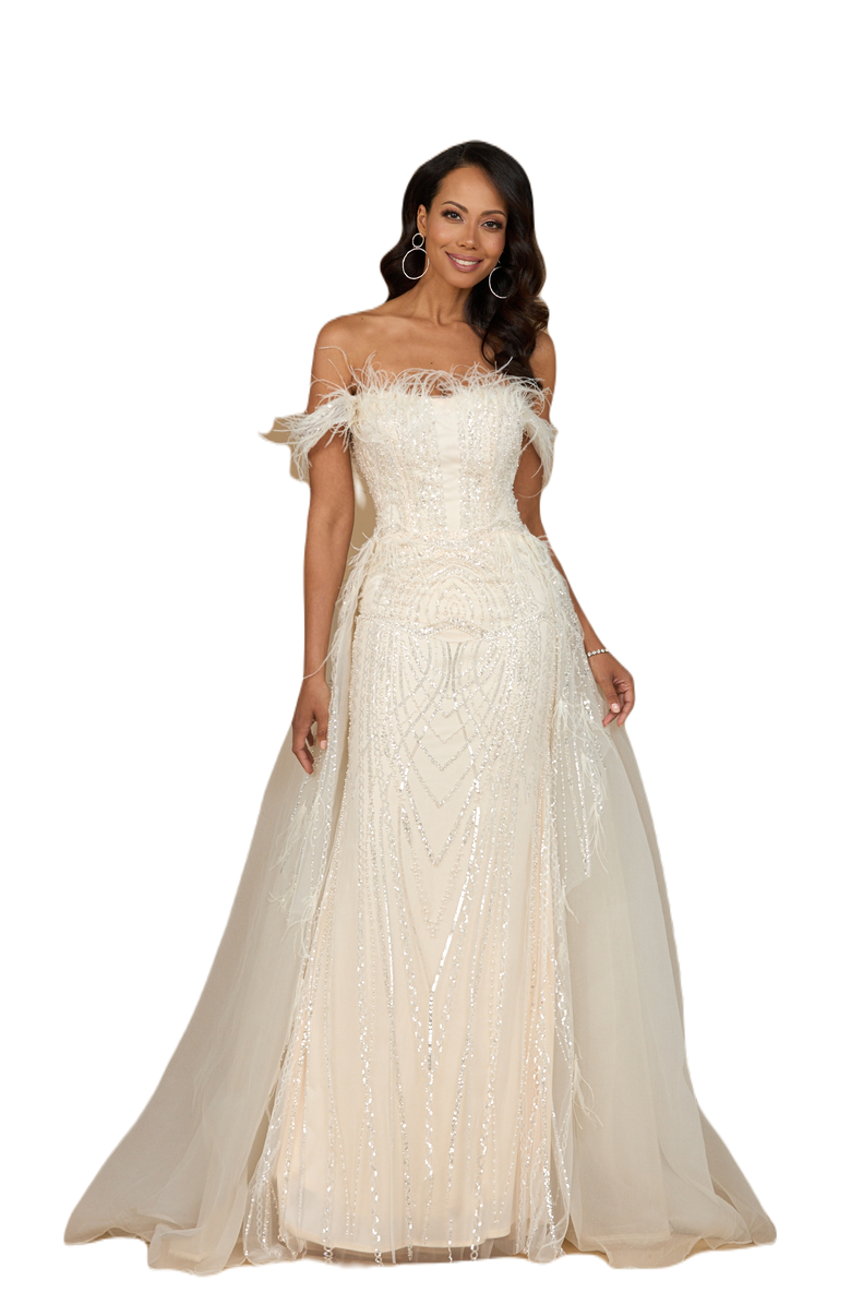 LARA New York Off Shoulder Gown with Feathers, Main, color, Ivory