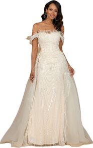 LARA New York Off Shoulder Gown with Feathers