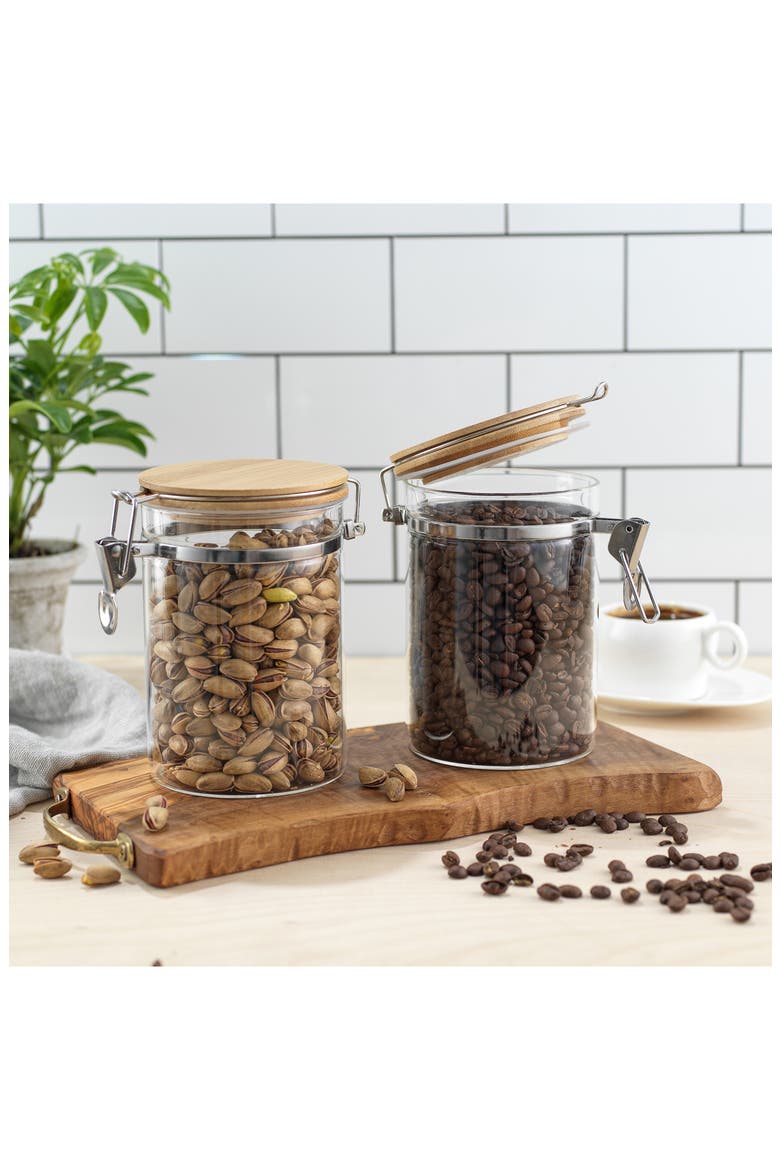 Set of 2 Glass Storage Jars with Airtight Bamboo Clamp Lids, Alternate, color, CLEAR