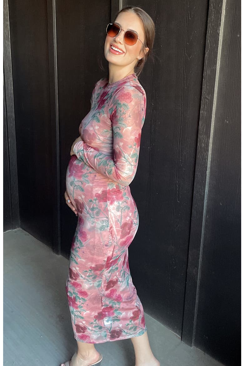 Floral Printed Mesh Overlay Maxi Dress, Alternate, color, Mauve