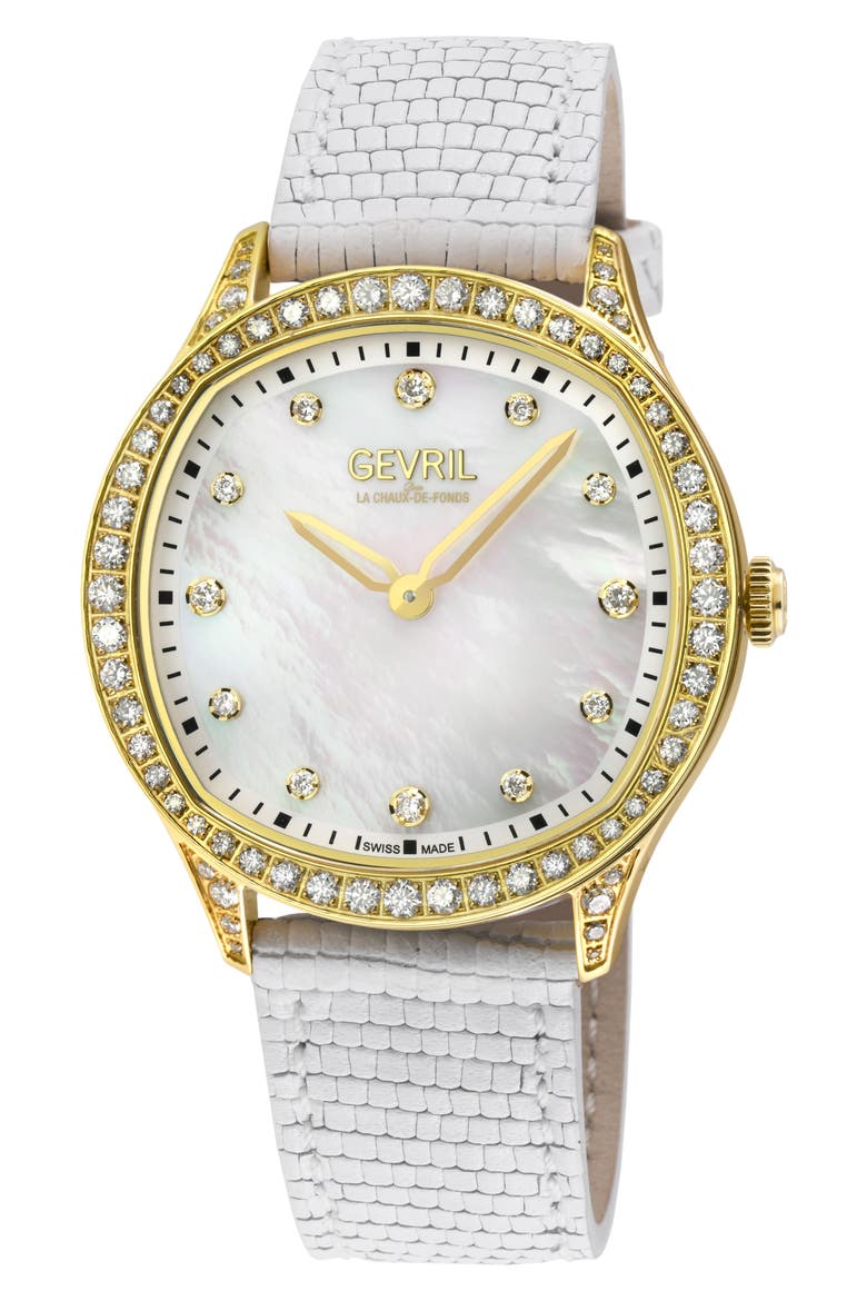 Morcote Swiss Diamond Leather Strap Watch, 36mm - 1.3ct., Main, color, WHITE
