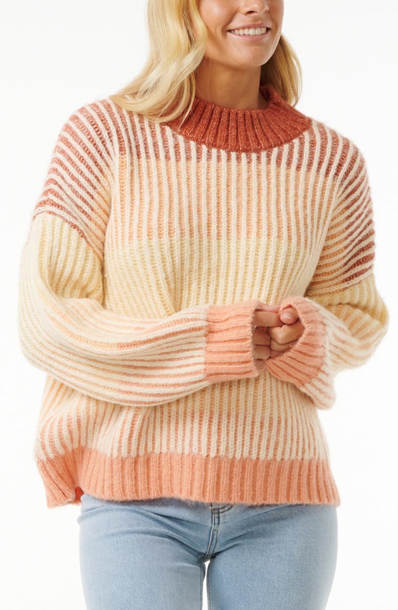 Rip Curl Soleil Colorblock Rib Crewneck Sweater, Main, color, Burnt Red