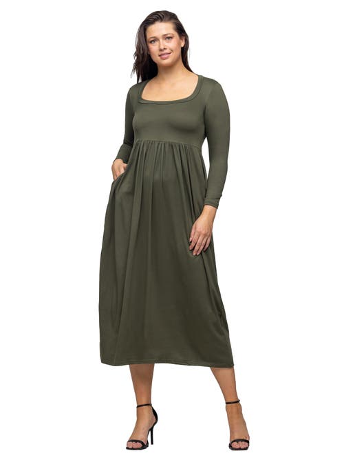 24seven Comfort Apparel Long Sleeve Empire Waist Pocket Maxi Dress In Green