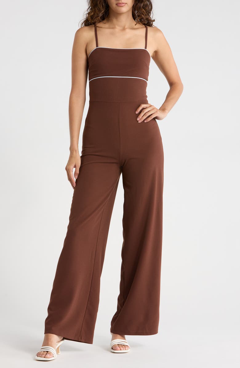 Madden Girl Contrast Piping Wide Leg Jumpsuit, Main, color, Brown Baby Blue Combo