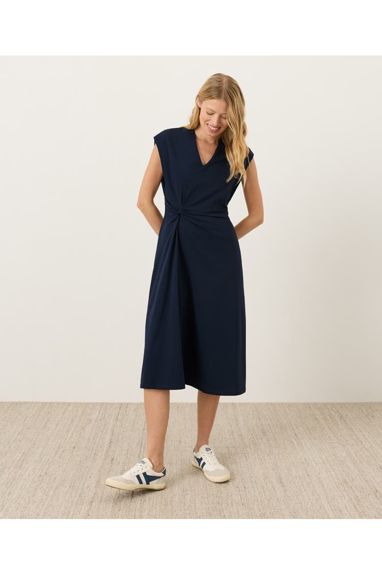v neck cotton dress for women Navy Blue Cotton Flax Deep-V Neck Empire Waist Maxi Dress 40" / Regular (5'2"