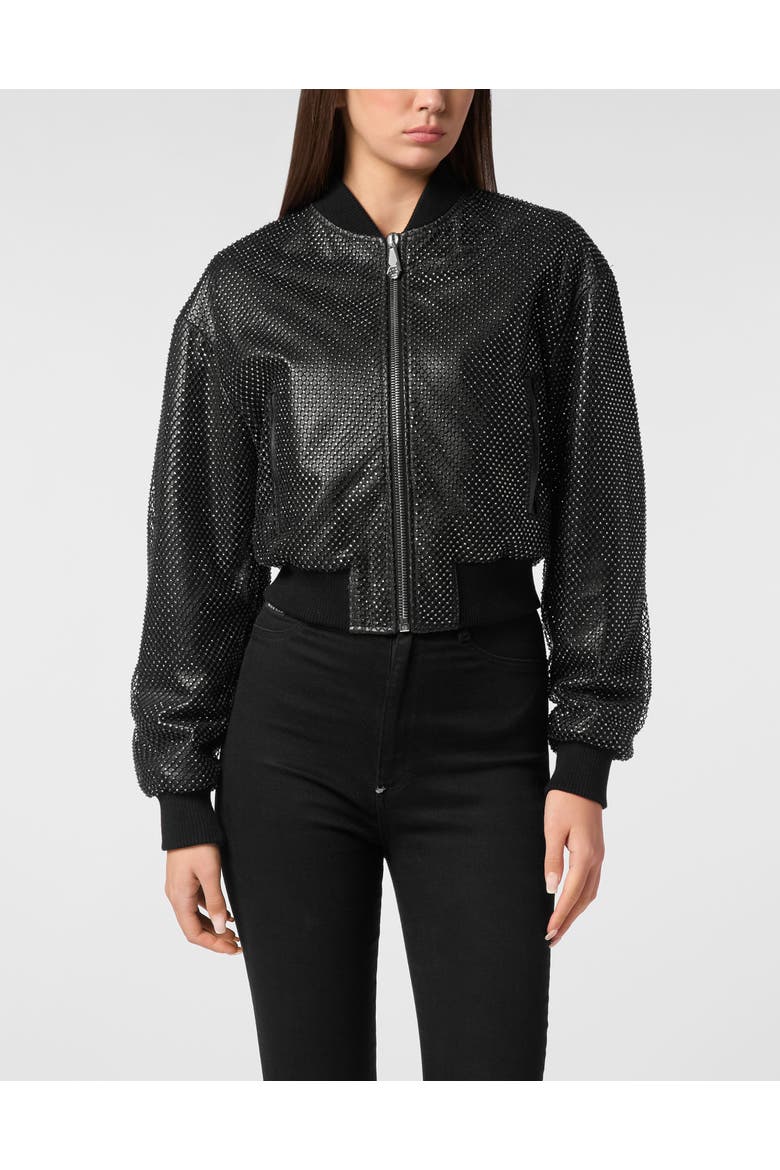 Leather Crop Bomber Crystal Women, Main, color, black