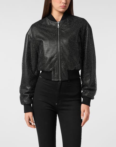 Leather Crop Bomber Crystal Women