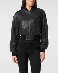 PHILIPP PLEIN Leather Crop Bomber Crystal Women