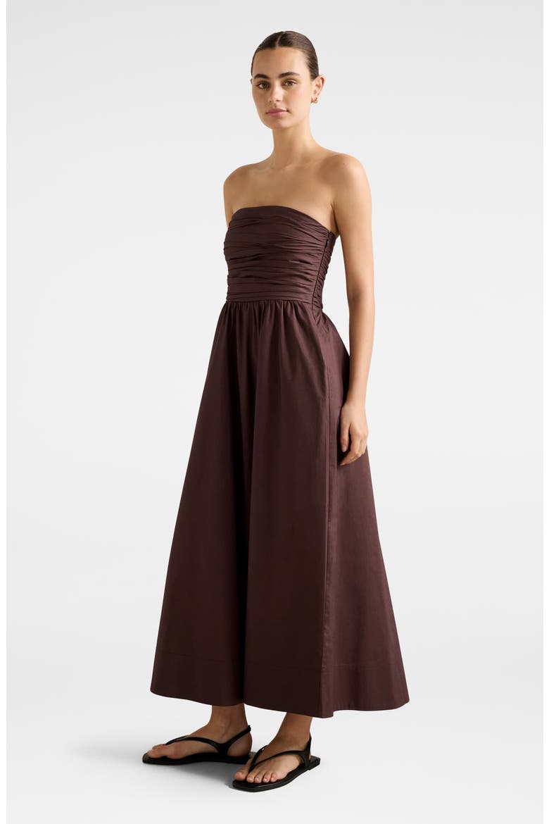 Siara Strapless Ruched Midi Dress, Alternate, color, CHOCOLATE