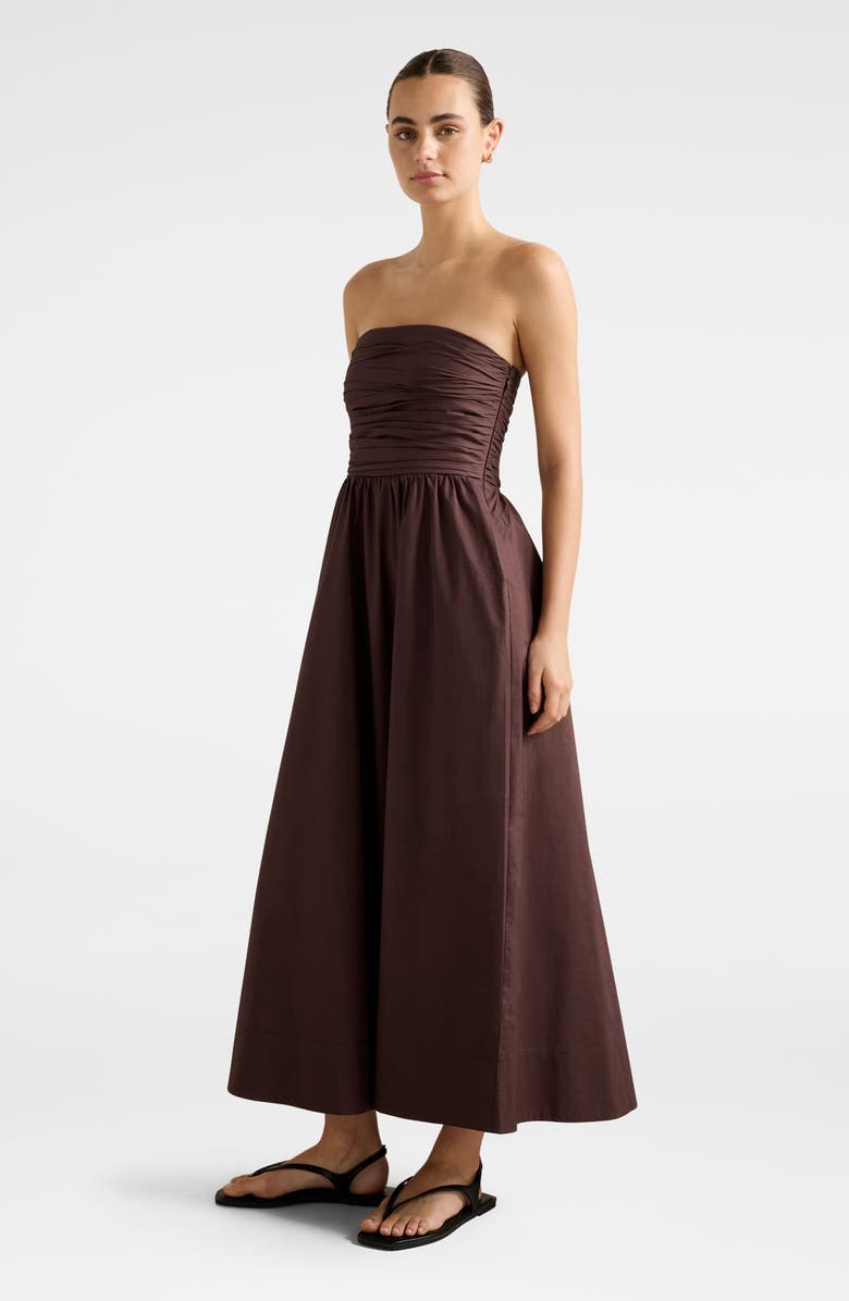 Ever New Siara Strapless Ruched Midi Dress, Alternate, color, Chocolate