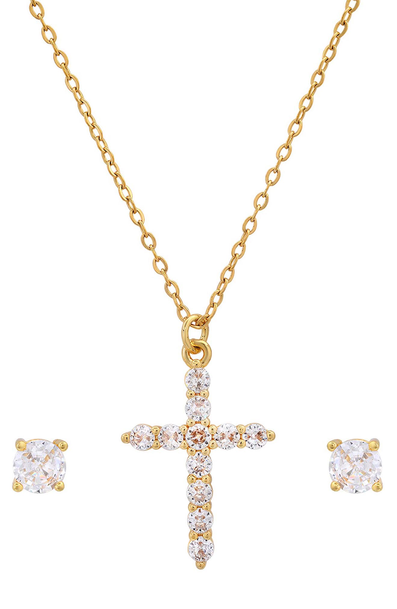 18k White Gold Plated Cross Pendant Necklace & Stud Earrings Set