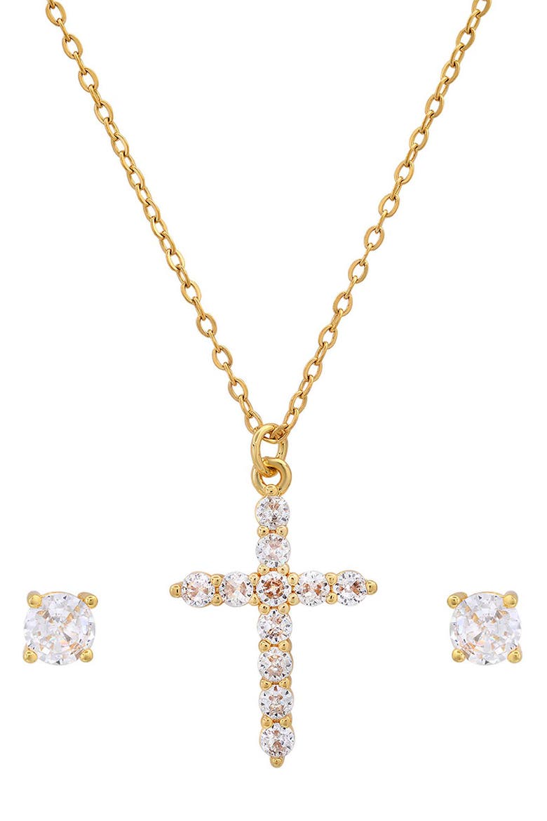 18k White Gold Plated Cross Pendant Necklace & Stud Earrings Set, Main, color, GOLD