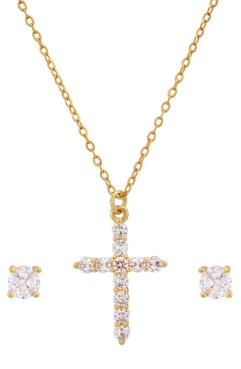 18k White Gold Plated Cross Pendant Necklace & Stud Earrings Set