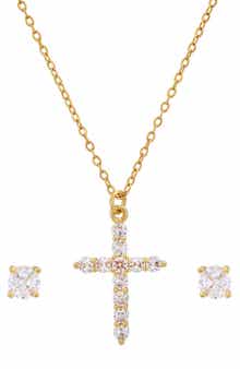 18k White Gold Plated Cross Pendant Necklace & Stud Earrings Set