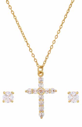 18k White Gold Plated Cross Pendant Necklace & Stud Earrings Set