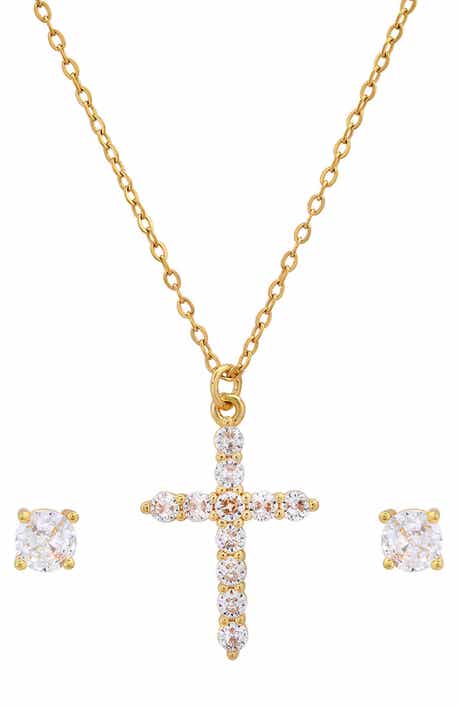 18k White Gold Plated Cross Pendant Necklace & Stud Earrings Set
