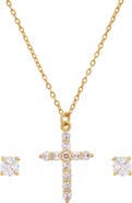 STEELTIME 18k White Gold Plated Cross Pendant Necklace & Stud Earrings Set