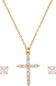 STEELTIME 18k White Gold Plated Cross Pendant Necklace & Stud Earrings Set