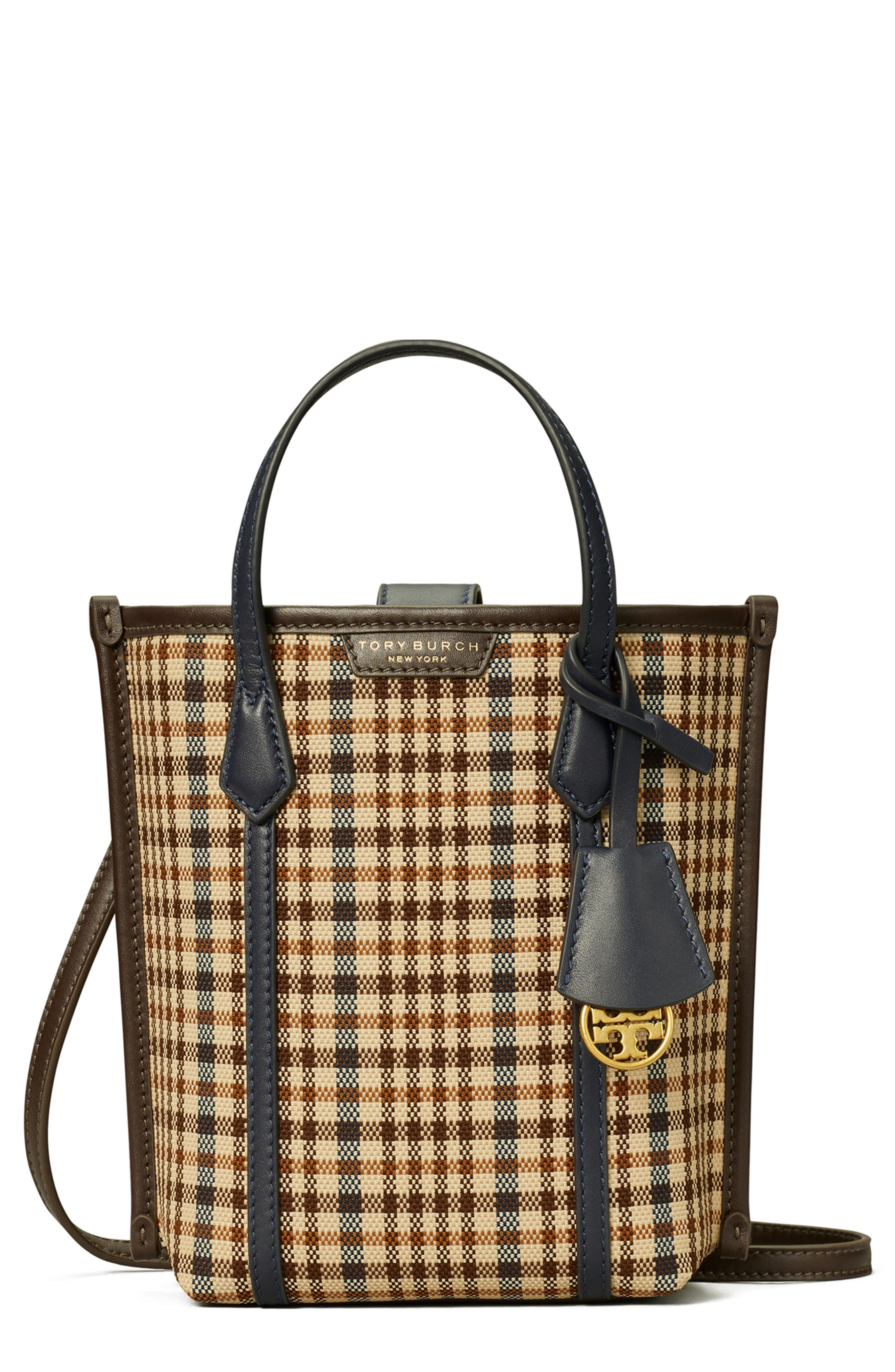 Tory Burch Mini Perry Plaid North/South Tote, Main, color, 