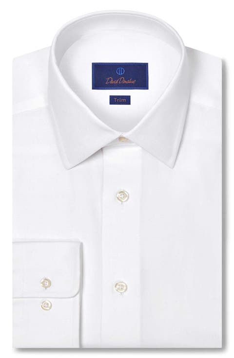 Trim Fit White Cotton & Cashmere Twill Dress Shirt