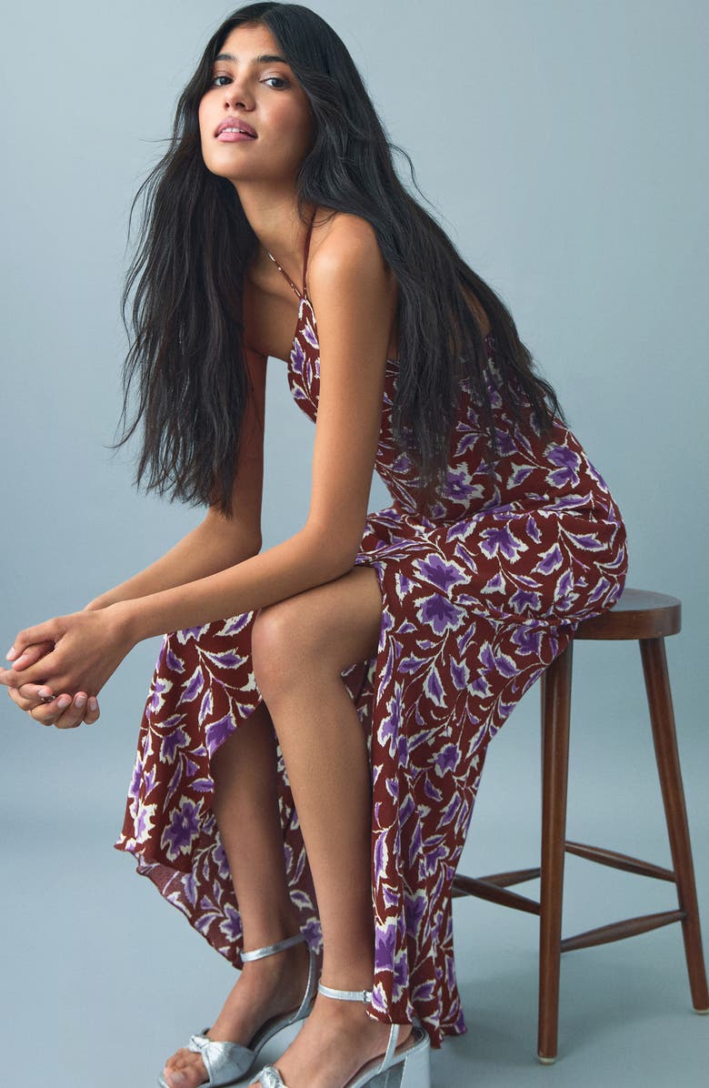 MANGO TEEN Floral Print Halter Neck Maxi Dress, Alternate, color, Brown