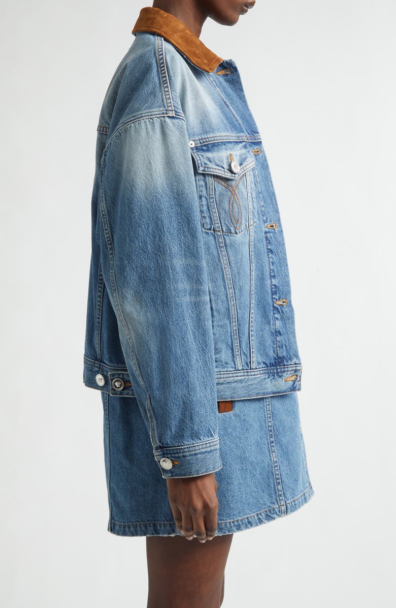 Versace Suede Trim Stonewash Denim Trucker Jacket, Alternate, color, Medium Blue