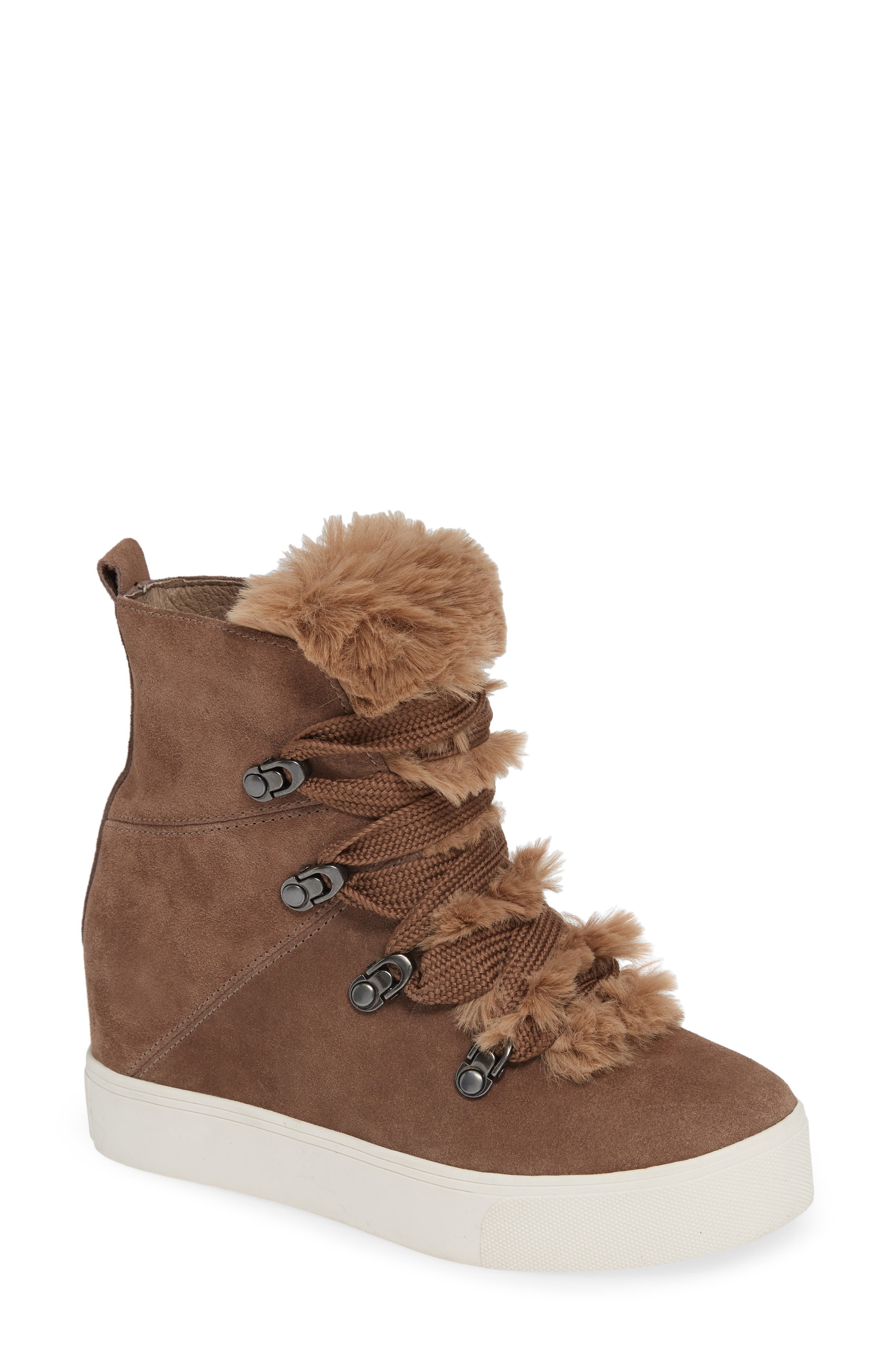 Whitney Faux Fur Trim High Top Sneaker, Main, color, TAUPE SUEDE