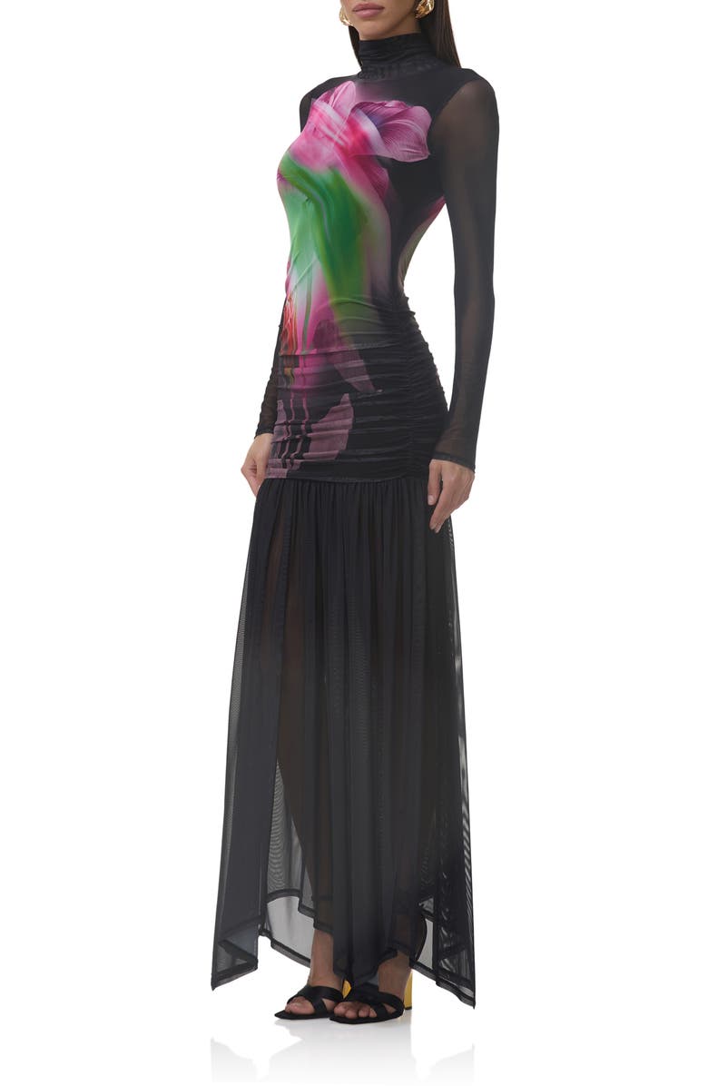 AFRM Joni Sheer Long Sleeve Turtleneck Mesh Maxi Dress, Alternate, color, Pink Peony Blur