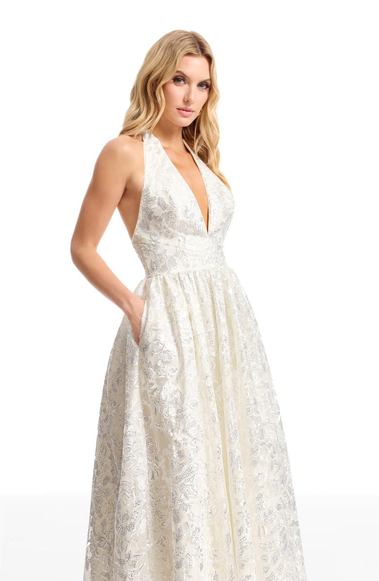 Dress the Population Christina Sequin Floral Cocktail Midi Dress, Alternate, color, Off White