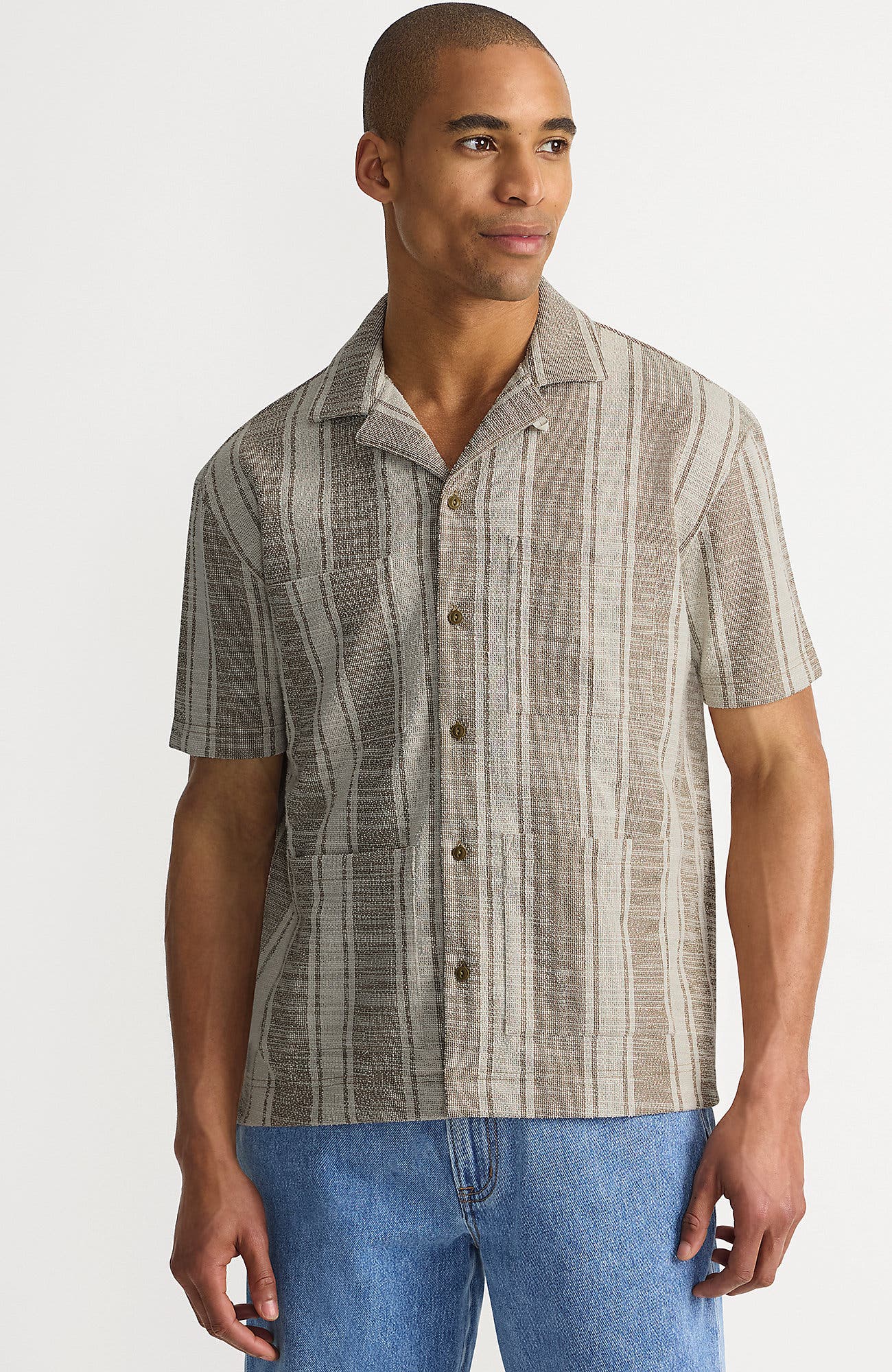 Short Sleeve Textured Jacquard Camp Collar Shirt - Set Top (Men