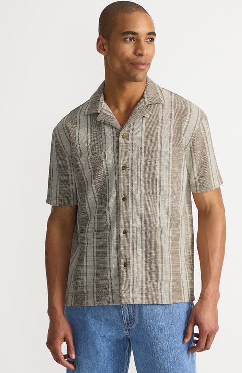 Short Sleeve Textured Jacquard Camp Collar Shirt - Set Top