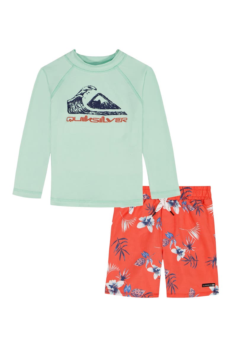 Long Sleeve Rashguard & Swim Trunks Set, Alternate, color, ORANGE BLUE MULTI