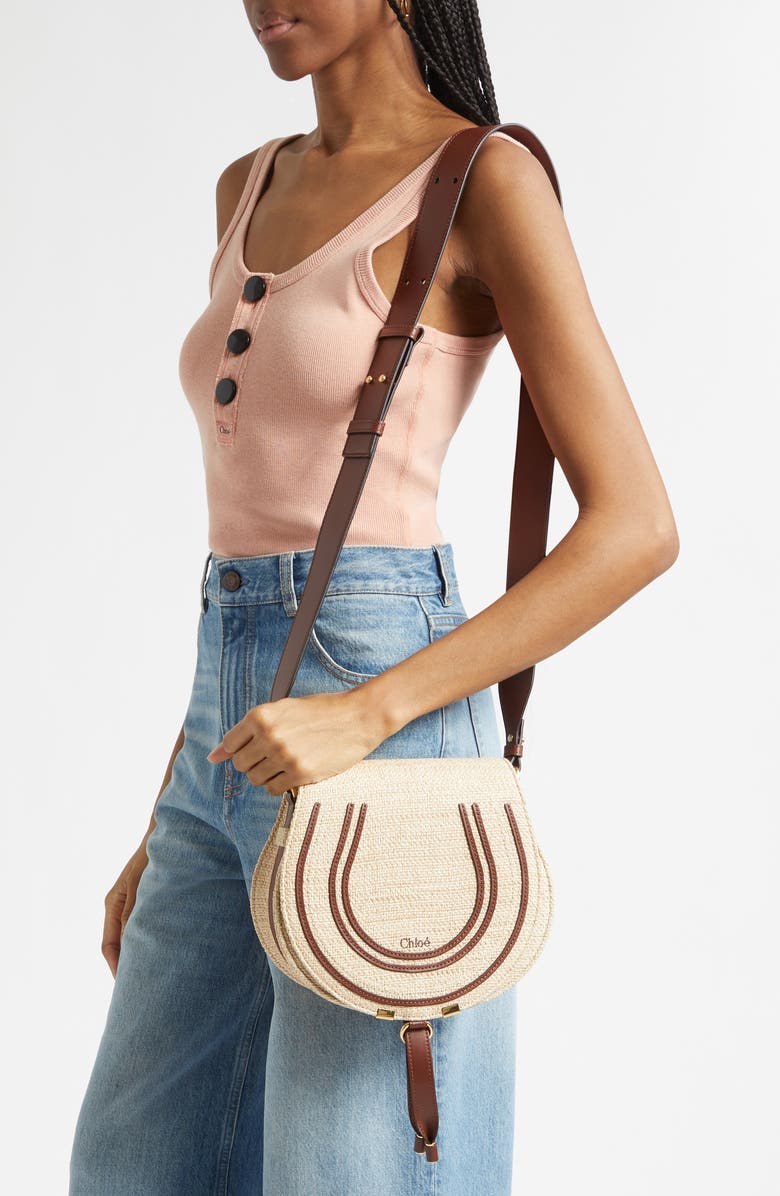 Chloé Medium Marcie Faux Raffia & Leather Saddle Bag, Alternate, color, Hot Sand