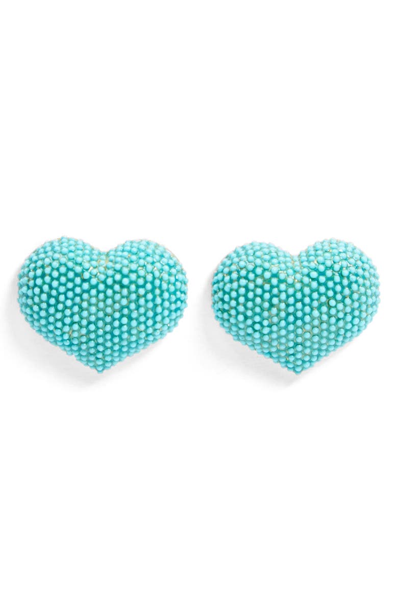 Clare V. Beaded Heart Stud Earrings, Main, color, Turquoise