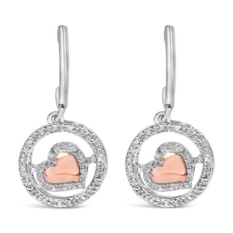 14K Rose Gold Plated Silver 1/5 Cttw Diamond Circle and Heart Drop Earrings