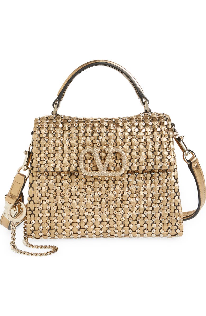 Valentino Garavani Mini VSling Sequin Embellished Woven Metallic Leather Top Handle Bag, Main, color, Antique Brass/Crystal Golden
