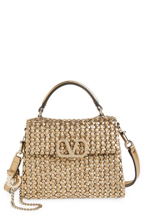 Mini VSling Sequin Embellished Woven Metallic Leather Top Handle Bag