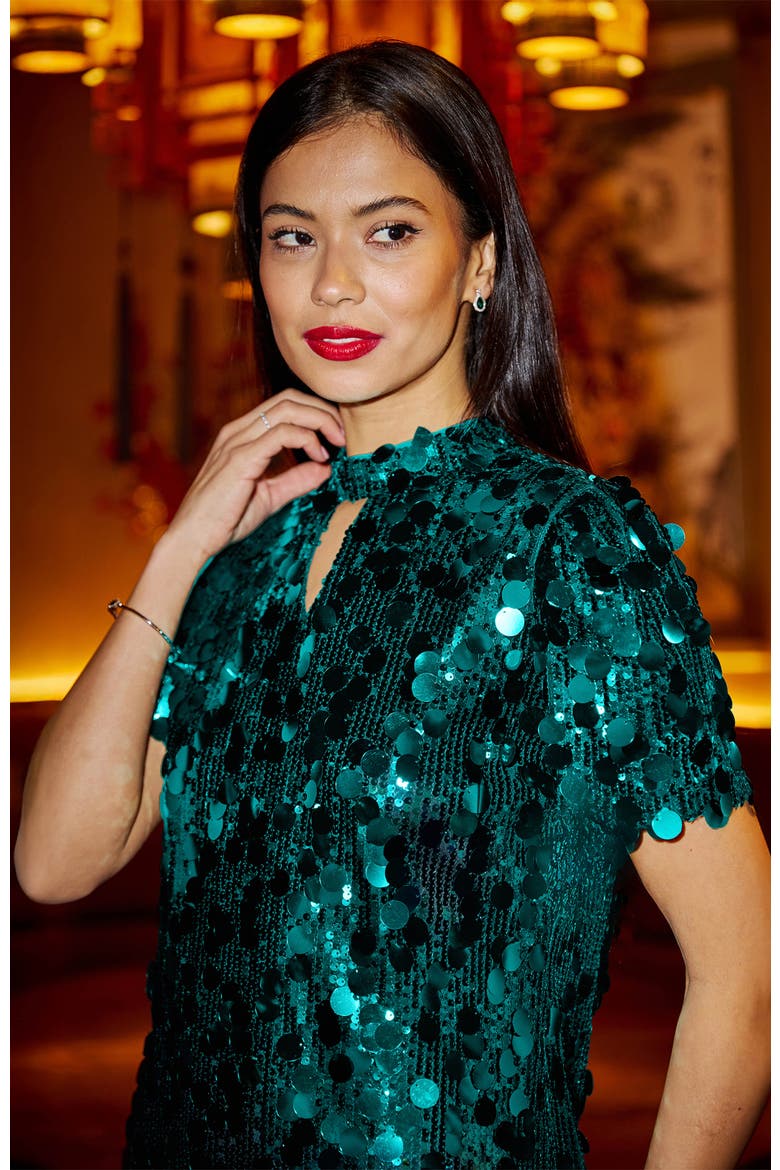 Sequin Short Sleeve Tunic Dress, Alternate, color, Green