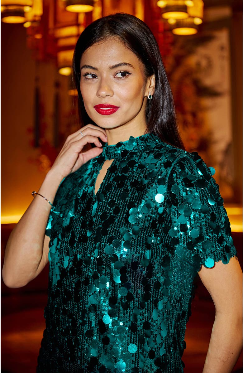 Yumi Sequin Short Sleeve Tunic Dress, Alternate, color, Green