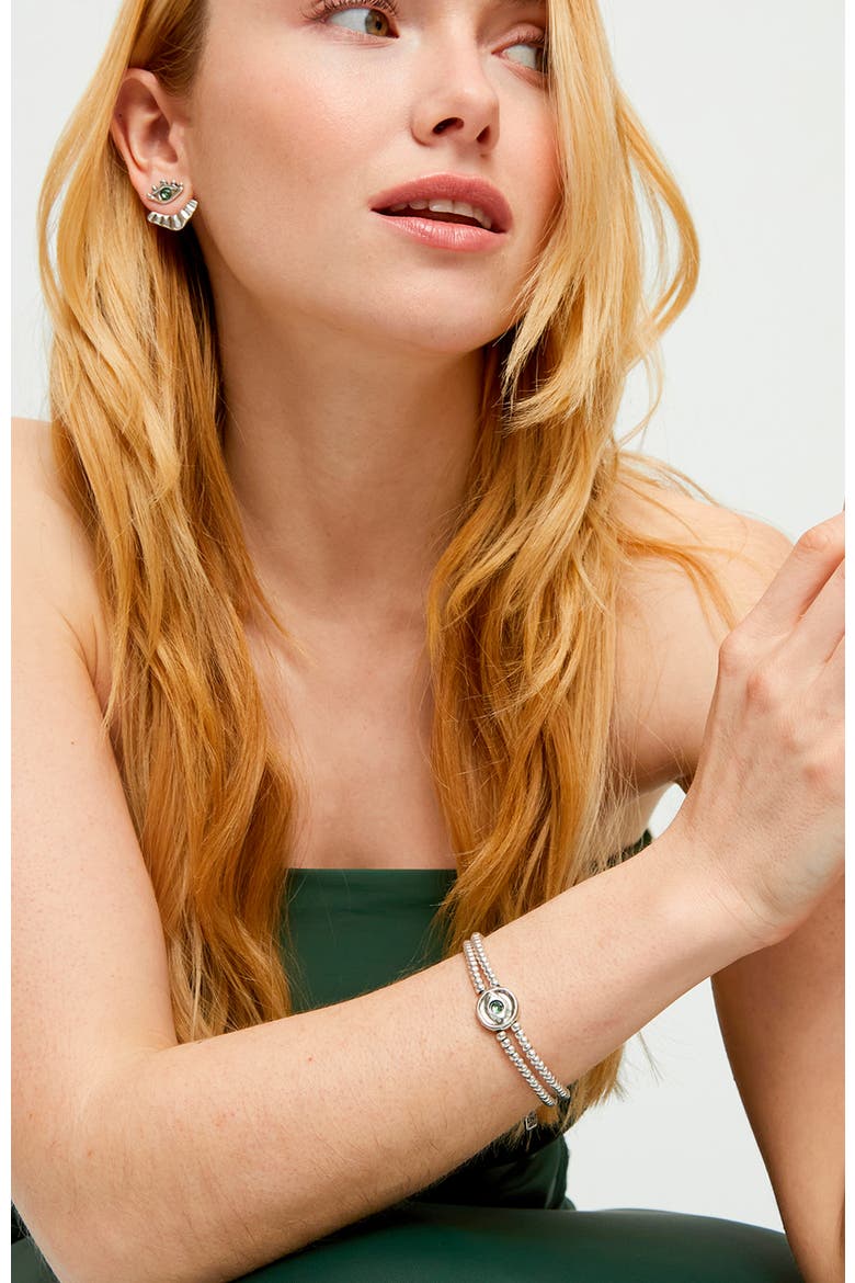 Double Silver-Plated Ball Bracelet with Eye Detail and Green Crystal, Alternate, color, Silver