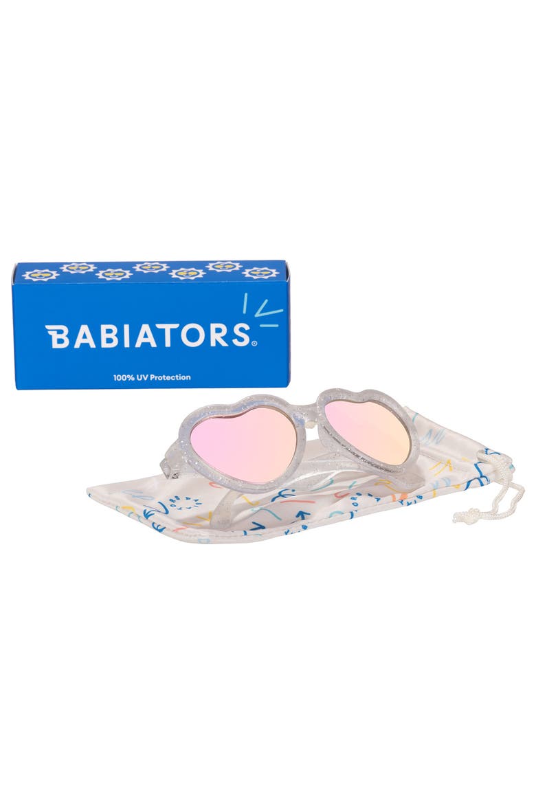 Kids' Mirrored Shimmer Heart Sunglasses, Alternate, color, SILVER GLITTER/ PINK