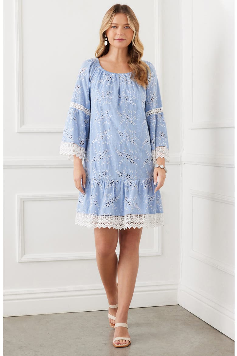 Mixed Lace Cotton Eyelet Shift Dress, Alternate, color, CHAMBRAY