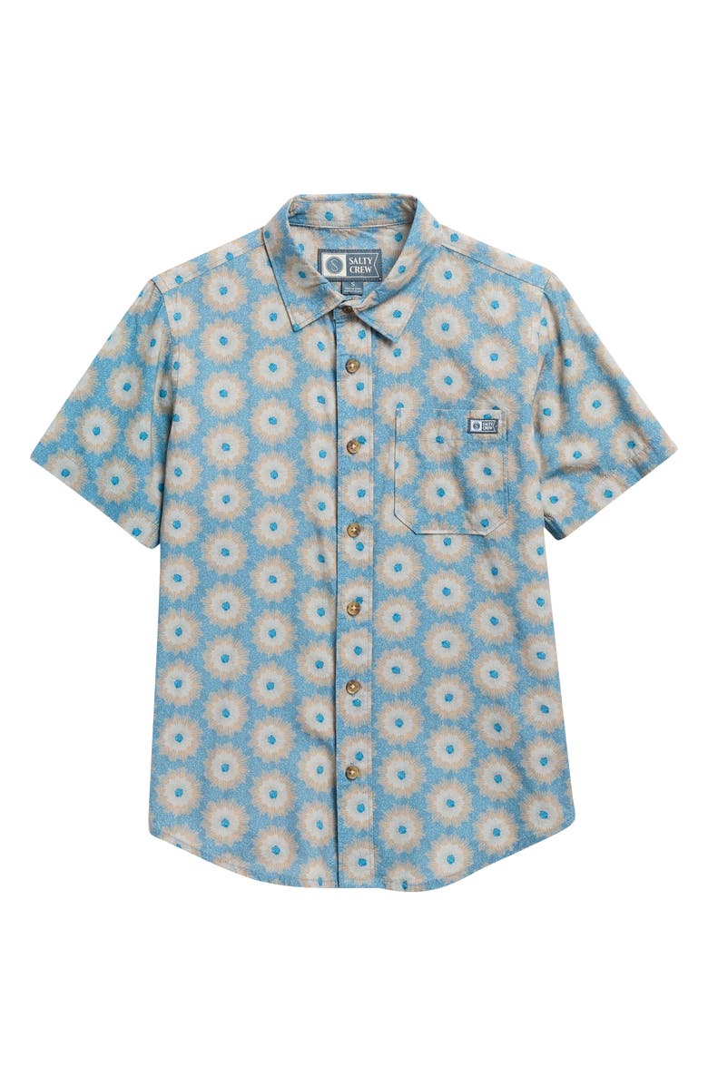 Salty Crew Kids' Short Sleeve Cotton Blend Button-Up Shirt, Main, color, Slate