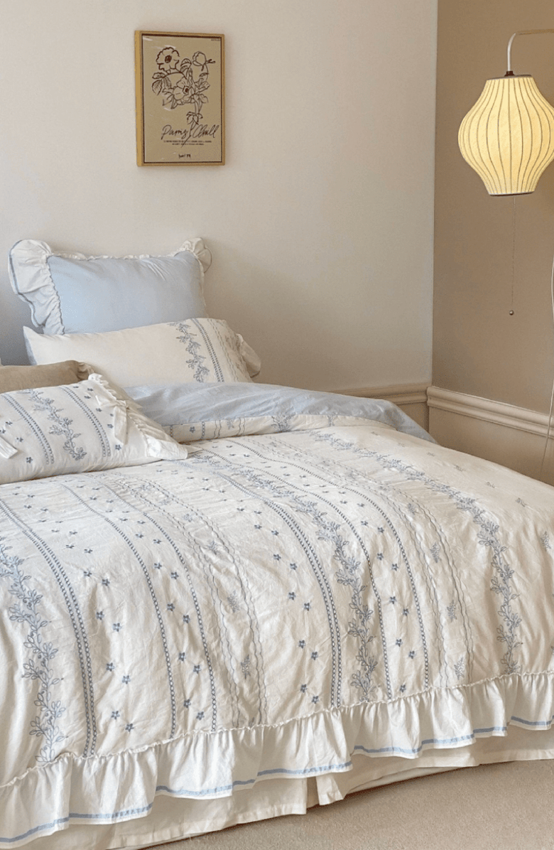 Ever Lasting Embroidered French Lace Ruffle Bedding Set, Alternate, color, Blue / Flat