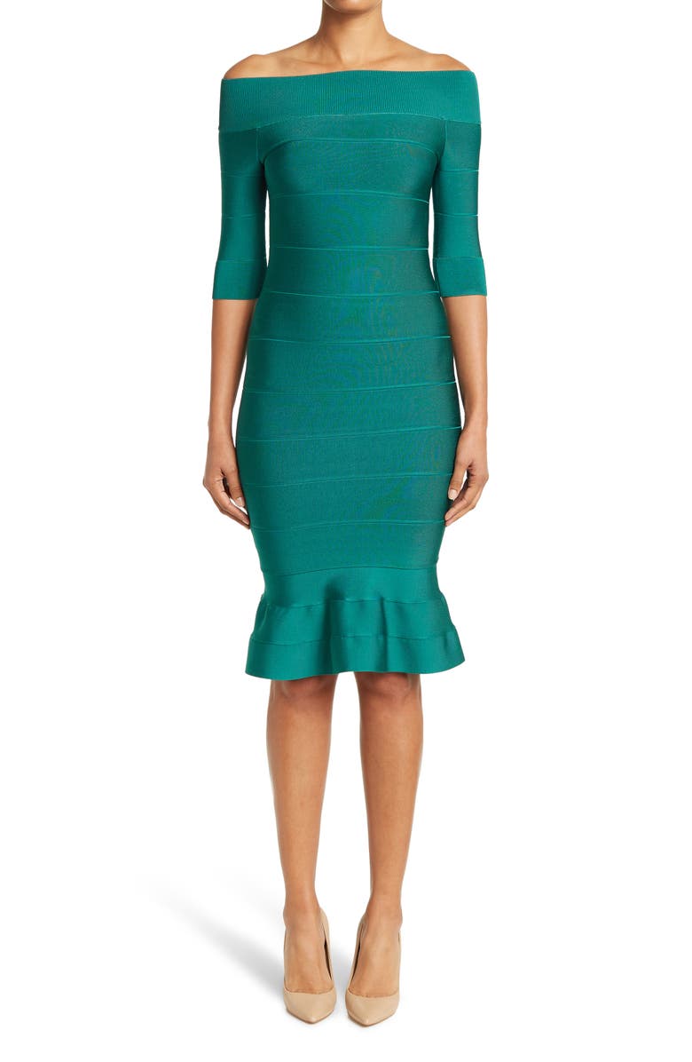 Herve Leger Boat Neck Banded Godet Flared Hem Dress, Main, color, 