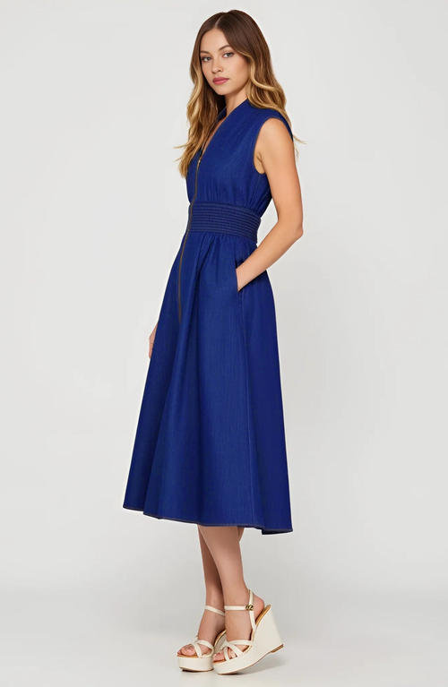Modenaire Zip Front Midi Dress With Cap Sleeves And Smocked Waist In Blue