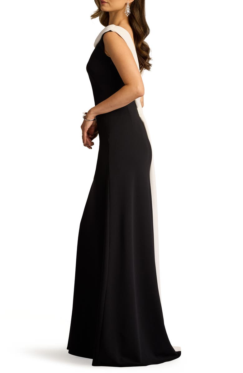 Tadashi Shoji Contrast Detail V-Back Crepe Gown, Alternate, color, Black/ Ivory
