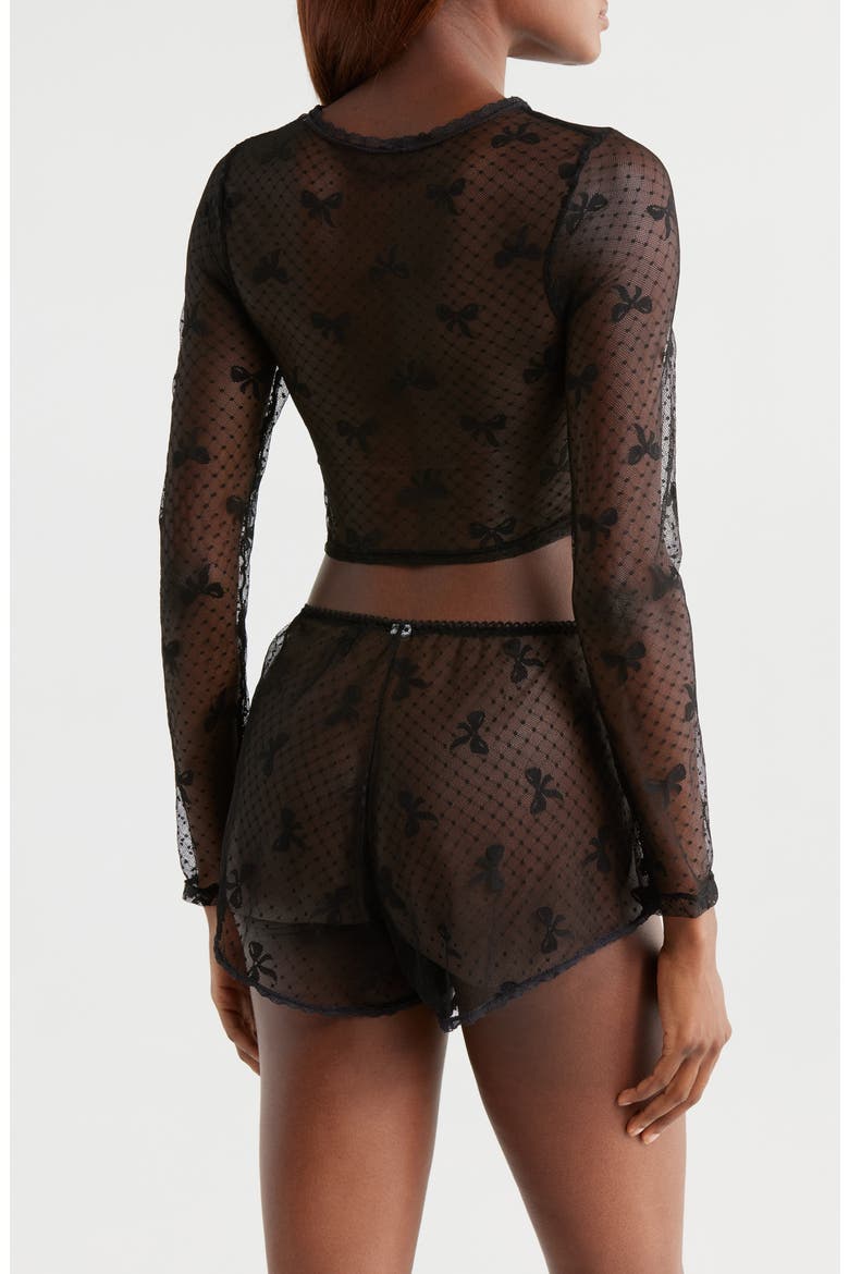Bow Dotted Mesh Crop Top, Alternate, color, BLACK